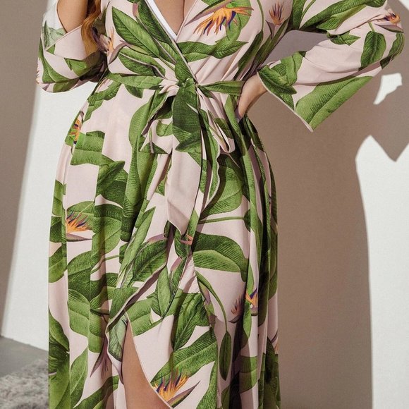 Green Boho Womens Tropical Print Belted Kimono - Picture 7 of 7